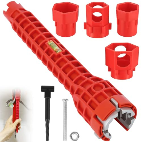 14 in 1 Tap Spanner for Tight Space, Faucet Wrench with 4 Sockets, Anti-Slip Sink Installer Tool, Plumbing Repair Tools, Multi-Functional Pipe Installation for Toilet, Basin, Kitchen, Bathroom (Red)