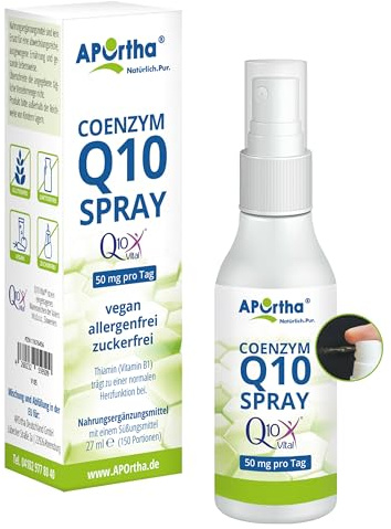 APOrtha® Q10Vital® Coenzym Q10 Mundspray 27 ml | 50 mg Coenzym Q10 pro empfohlener Tagesdosis, CoQ10 Spray hochdosiert, optimiert mit dem Herzvitamin Vitamin B1 (Thiamin)
