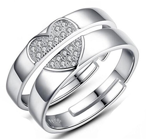 BROWOL 1 Paare Trauringe Eheringe Hochzeitsringe Liebesringe Herzförmige Diamant-Paar Ringe 925 Sterling Silber Verstellbare Ringe für Männer und Frauen