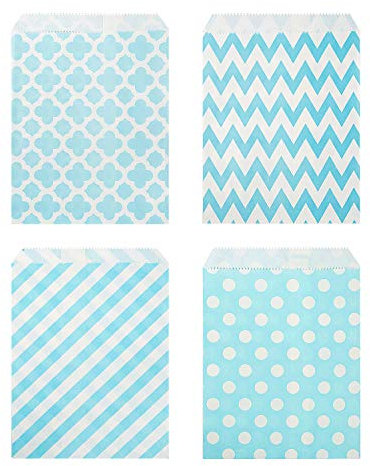Czemo 100 Stück Papiertüten Candy Bar Tüten/Geschenktüten/Süssigkeiten Beutel/Bonbon Taschen 4 Verschiedene Designs 18 x 13CM Blau Candy Bar Zubehör