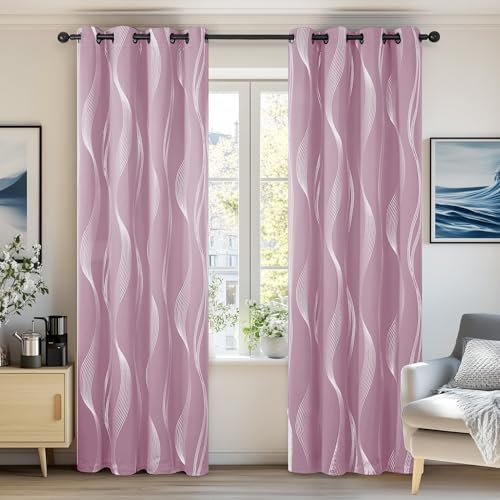 Deconovo Cortinas Opacas Diseño Líneas Onduladas Plateadas para habitación con Ojales 2 Piezas 140x229cm Rosa Claro