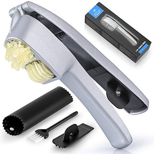 Zulay 2-in-1 Knoblauchpresse-Set, Doppelfunktionsknoblauchpresse und -schneider, robust, einfach zu drücken, Knoblauchpresse mit Reinigungsbürste und Silikon-Knoblauch-Schäler
