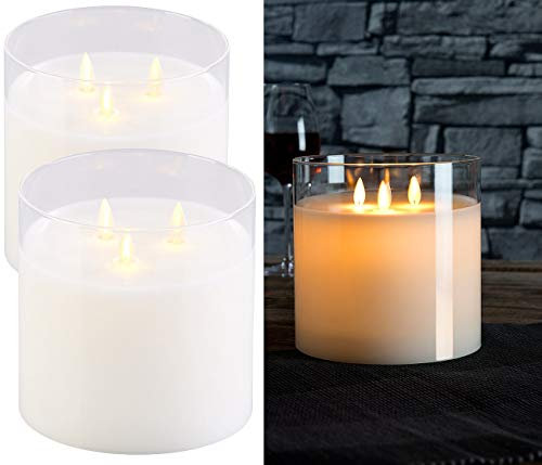 Britesta LED Kerze 3 flammig: 2er-Set LED-Echtwachs-Kerzen im Windglas mit 3 beweglichen Flammen (3 Docht LED Kerze, drei Docht LED Kerzen, Flammenlose)