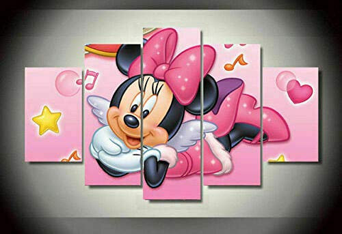 3D Leinwandbilder 5 Teile XXL Vlies Leinwand Bilder Dekoration Süße Minnie-Maus Bild Auf Leinwand 5Tlg Bilder Mehrteilig Zum Aufhängen 150×80Cm (Mit Rahmen)
