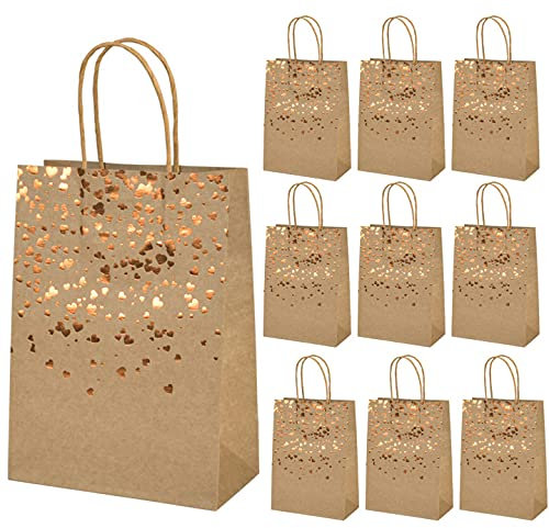 Mikihat 10 Stück Papiertüten mit Henkel,Geschenktüten aus Kraftpapier, Bronzing Kraft Tasche mit Gold Herz Verzierung, Party Geschenk Papiertüten für Partys, Hochzeiten, Feiern, Geschenktüten