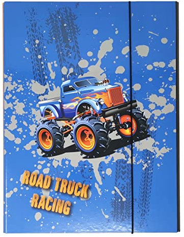 Stabile Kinder Box Sammelbox Heftbox Heftmappe Sammelmappe für Schulranzen Dossier Ordner mit Gummizug Gummiband und Innenklappen DIN A4 für Jungen (Truck Racing)