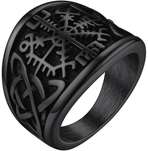 FaithHeart Schwarz Statement Vikings Kompass Ring mit Keltischer Knot Wikinger Kompass Amulett Siegelring mit Vegvisir Partnerring für Paar Pärchen