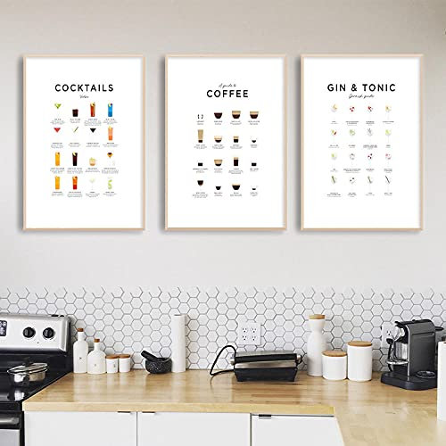 Poster für Schlafzimmer Kaffee Guide Poster Gin Tonic Cocktails Menü Handbuch Leinwanddruck Malerei Küche Wandkunst Bilder Café Bar Club Dekor 40x50cmx3 ungerahmt