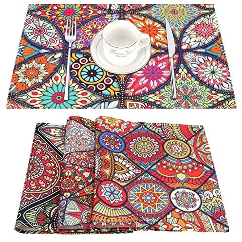 Tischset Leinen Tischsets Abwaschbar Set mit 4 Ethnischen Boho Ornamenten Platzsets Blumenmuster Platzset Waschbare rutschfeste Hitzebeständige Rechteckige Tischsets Esszimmer Dekoration 45 x 32 cm