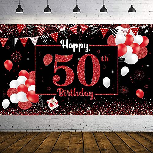 50. Geburtstagsfeier Dekorationen Banner Hintergrund Extra Große Rot Schwarz Stoff Schild Poster Geburtstagsfeier Banner für Deko 50 Geburtstag Frau Mann