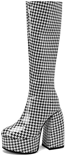 CHICMARK Botas altas de plataforma para mujer con tacón de bloque superalto y punta redonda para fiesta, Rejilla pequeña, 35 EU