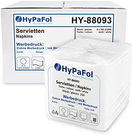 Hypafol Servietten weiß à 32x32 cm, 2-lagig I Prägeservietten im Vorteilspack I Papierservietten für Gastronomie-Betriebe, Kantinen, Büros und Co. I 100% Zellstoff und 1/4-Falz I 8 x 250 Stück