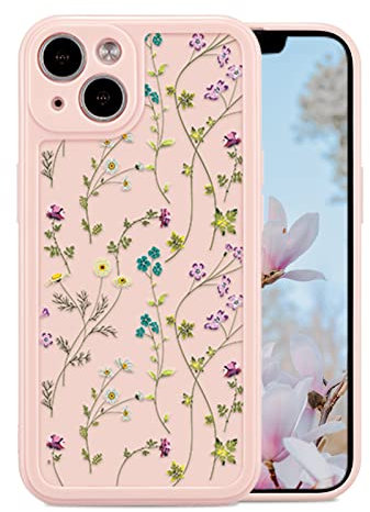 RALEAVO Flower Case for iPhone 13 (6.1”), Girls Floral Silicone Shockproof Case Cover with Cute Patterns Protective Case for iPhone 13-Pink