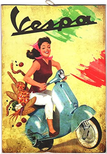 KUSTOM ART Bild im Vintage-Stil Serie Motorrad Roller Pin-Up Mädchen auf Roller Druck auf Holz 10 x 15 cm