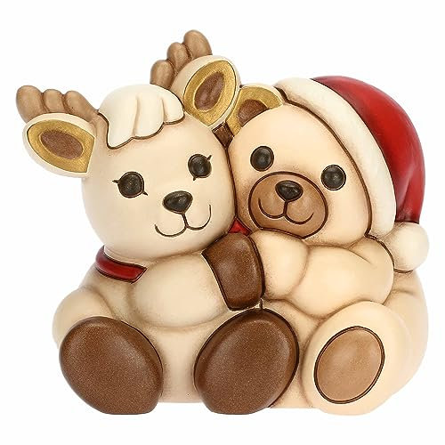 THUN, Coppia Teddy e Renna Robin Abbracciati in Ceramica Decorata a Mano, Addobbo Natalizio, Idea Regalo, 15x11.3x14 cm h
