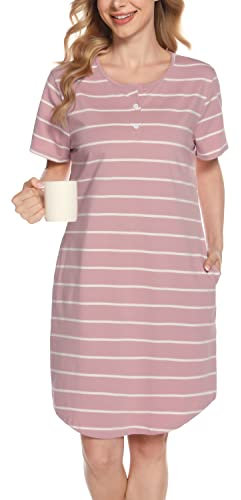Lovasy Chemise de Nuit Femme Coton Manches Court Robe de Nuit à Rayé Boutonnée Devant Nuisette Femme Grande Taille avec Poches, Rose, XL