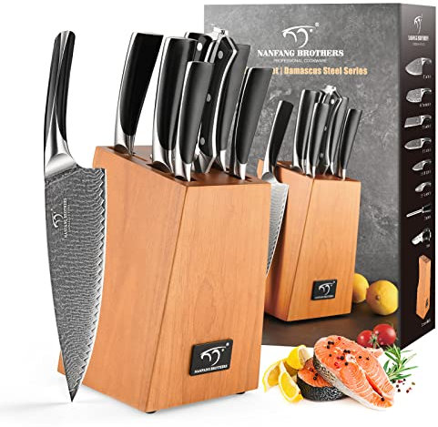 NANFANG BROTHERS Knife Set with Block, 9 Piece Damascus Kitchen Knife Set, Japanese Knife Set with Chef & Bread & Slicer & Santoku & Utility & Paring Knife, Sharpener and Shears