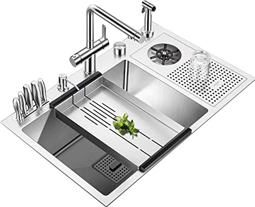 Fregadero De Cocina De 30 Cubeta Individual De Acero Inoxidable De Calibre 18 Fregadero De Estación De Trabajo con Portacuchillos Fregadero De Consola Lavadora De Vidrio De Alta Presión