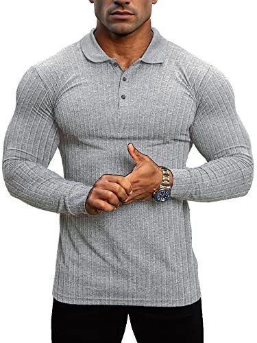 Lehmanlin Men's Stretch Muscle Shirts Long Sleeve Cotton T-Shirts Slim Fit Polo Shirt (Grey-L)