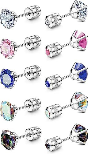 MILACOLATO Titan Ohrstecker Set für Damen Herren Hypoallergene Ohrringe Chirurgenstahl mit Schraubverschluss Doppelseitige Cubic Zirkonia Silber Ohrstecker | 5Paare