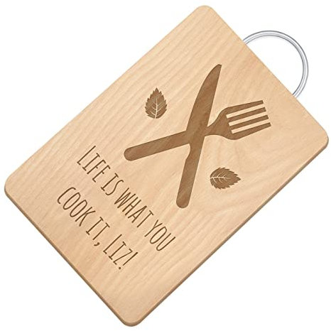 Maverton Bamboo Chopping Board for Woman - Personalised Wooden Tray for her - Board with Metal Handle for Birthday - Engraved Cheese Board for Lady - Wooden Bread Board - Cutlery
