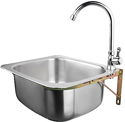 Spülbecken mit Armatur, Edelstahl Wandmontage Waschbecken, Ausgussbecken, Rechteckig Haushaltsspülbecken, Waschbecken, für Keller Garage Garten Waschküche (42x36cm)