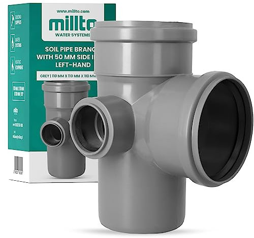 Millto™ Raccord en T pour tuyau d'égout - 110 x 110 x 110 mm - Raccord 90° avec bec gauche - 50 mm - Gris polypropylène