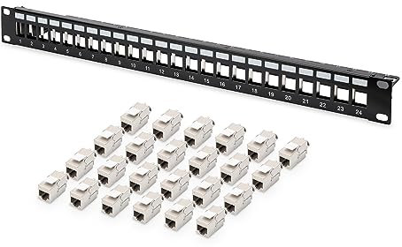 DIGITUS Set: Panneau de brassage - modulaire - 19 Pouces - 24 Ports - blindé - Montage en Rack 1U - Noir - avec 24x module Keystone Cat6A