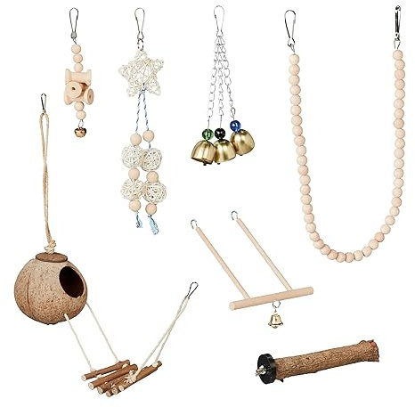 Relaxdays Vogelspielzeug, 7-TLG. Vogelkäfig Zubehör, für Wellensittich, Kanarienvogel, Kokosschale, Sitzstange, Natur