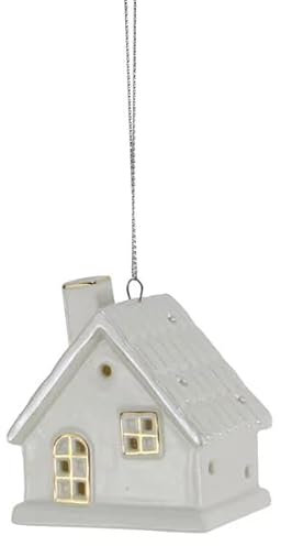 mucHome Haus mit LED aus Porzellan Gold/weiß Lichthaus glänzend (Hänger Haus 6,5x5x6,5cm)