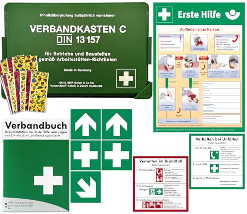 Betriebsverbandkasten KITA - 2 in 1 Erste-Hilfe - Erfüllt aktuelle DIN 13157 für Betriebe + DIN 13164 (KFZ) inkl. Verbandbuch + BG-INFO-Komplett-Paket