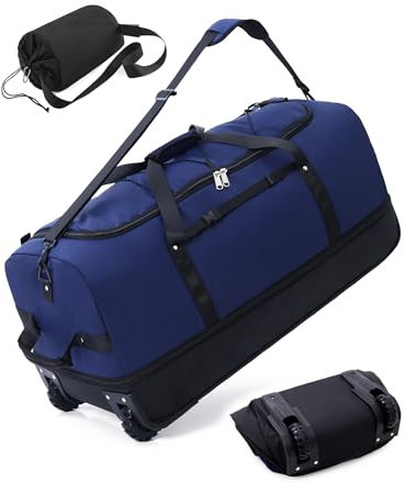 YHYEH 32''/80cm 110L Erweiterbare 140L Reisetasche mit 2 Inline-Rollen,Umwandelbare Große Wochenendtasche/Sporttasche mit Bungee-Cord-System,Blau