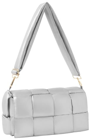 NAARIIAN Große Puffer-Umhängetasche, handgefertigt, gewebt, Handtasche, Designer-gepolsterte Umhängetasche, leichte Geldbörse für Damen, silber, Large