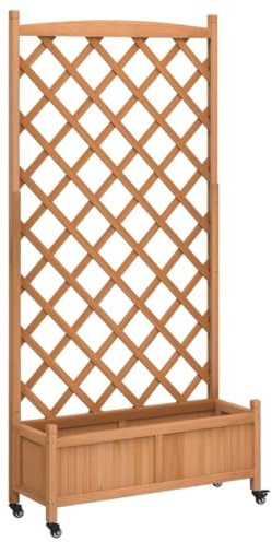 vidaXL Pflanzkübel mit Rankgitter Rollen, Blumenkasten mit Spalier, Pflanzgefäß für Terrasse Garten, Pflanzkasten, Braun Massivholz Tanne