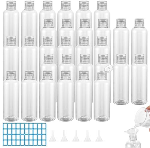 VIDETOL 30 Pièces Flacon Voyage, Contenant Voyage 100ml, Rechargeable Flacon Spray Vide, Transparent Kit Voyage avec Entonnoirs et Étiquettes pour Gel Douche, Shampooing, Lotion