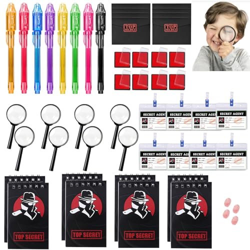 48 Piezas Kit EspíA Detective Niños, Kit Espía Juego Detective para Niños,con bolígrafo UV, Cuaderno, Lupa Juguete,Detective Tarjetas de identificación con Clip, Almohadilla Tinta Huellas Dactilares