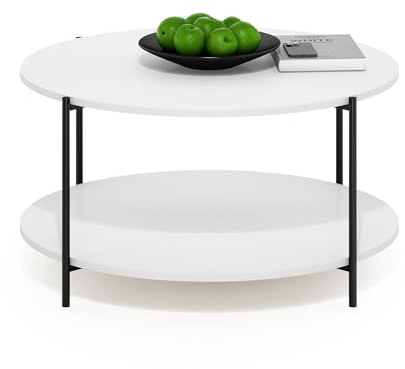 Furinno Besi 2-stufiger moderner runder Couchtisch mit stabilen Metallbeinen, Weiß/Schwarz
