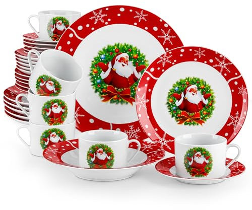 VEWEET, Série SANTACLAUS, Service de Table de Noël 30 Pièces, Vaisselle en Porcelaine pour 6 Personnes avec Assiette Plate, Assiette à Dessert, Assiette Creuse, Tasse et Soucoupe, Va au Lave-vaisselle