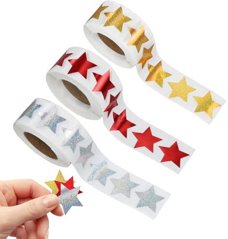 1500 Stück/3 Rolle Aufkleber Sterne Glitzer, Sticker Sterne Klebesterne Gold, Belohnungssticker für Kinder, Weihnachtsaufkleber Selbstklebende, Stern-Aufkleber für Scrapbooking, Grußkarten, Geschenke