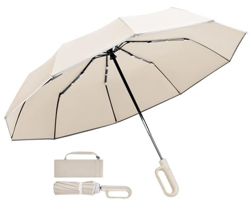 TradMall Reise-Regenschirm, 280T Stoff, winddicht, automatisch, tragbar, kompakt, faltbar, Regenschirme für Regen mit reflektierenden Streifen, für Damen und Herren, Beige