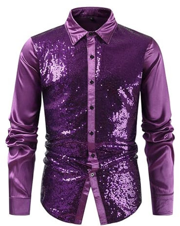 Foweknow Pailettenhemd Herren 70Er Jahre Outfit Herren Karneval Kostüm Glitzer Nachtclub Shirts Modische Langarmhemd Disco Party Kleidung Abschlussbal Bühnenshow Verkleidung