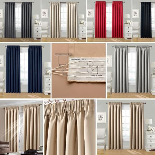 StylemyBedroom Pair Pencil Pleat Tape Top Plain Thermal OUT LINED Curtains with Tie Backs 90 x 54 - Navy Blue
