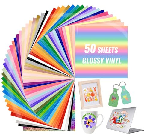 VINYL FROG Permanent Adhesive Vinyl Bundle 50 Pack Glossy Permanent Vinyl Sheets 12''x12''Craft Vinyl for Mug, Cup, Window, Ceramics, Holiday Decoration