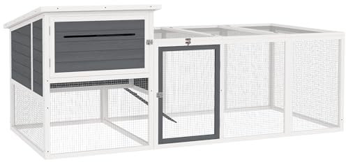 PawHut Pollaio per Galline Ovaiole da Esterno con Casetta, Nido per Cova, Tetto Impermeabile, Vassoio Estraibile e Porte, Gabbia Recinto per 2-4 Galline e Conigli in Legno, 214x101x91.5cm, Grigio