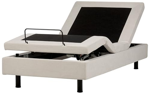 Beliani Led Upholstered Sturdy Frame Adjustable Bed Without Headboard 90x200 Cm Eu Single Fabric with Wood Legs Beige & Black Castellan