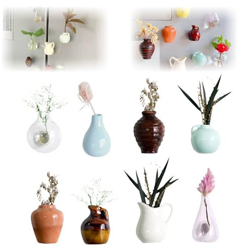8 Pcs Ceramic Fridge Magnet Vases - Mini 3D Vase Refrigerator Magnets, Cute Mini Fridge Magnets, Miniature Plant Decorations for Home Office Decoration Flower Arrangement