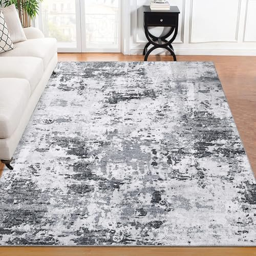 CAROMIO Waschbarer Teppich Wohnzimmer 120x170cm Modern Abstrakt GrauWeiß | Minimalistischer Teppich für Schlafzimmer Kinderzimmer Büro Esszimmer, Kurzflor rutschfest Faltbarer