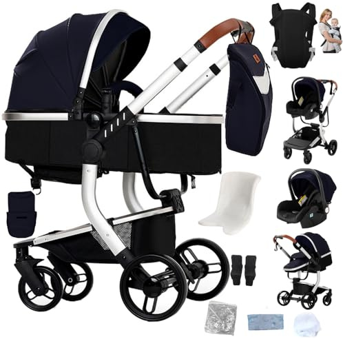Kinderwagen set,kinderwagen 3 in 1,Höhenverstellbarer,Kinder wagen buggy mit Panorama-Sicht,inklusive Muttertasche und Babytrage(YG-Blau)