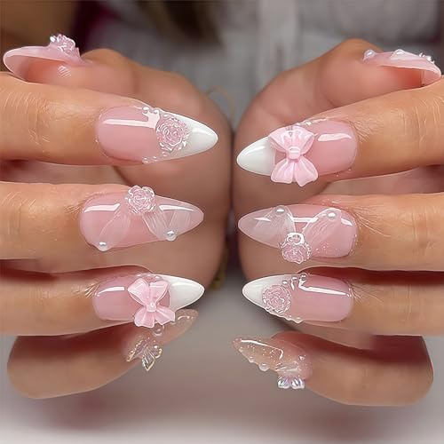 Auroriel 24 pièces ongles pressés amande rose moyen 3D fleurs ongles artificiels French Tip acrylique pleine couverture réutilisables faux ongles pour femmes et filles