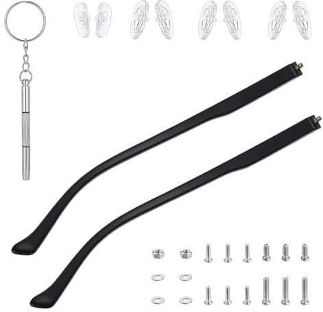 DOPENSPI 1 Pair Glasses Arm Replacement, Black Eyeglasses Repair Kit with Screws Washers Screwdriver Nose Pads Eyeglass Arms Replacement Temple Arms 6mm for Glass Sunglasses Convex Single Teeth 1.2mm